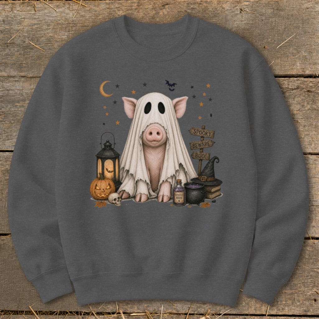 Pig dressed as a ghost surrounded by Halloween decorations and spooky signs.