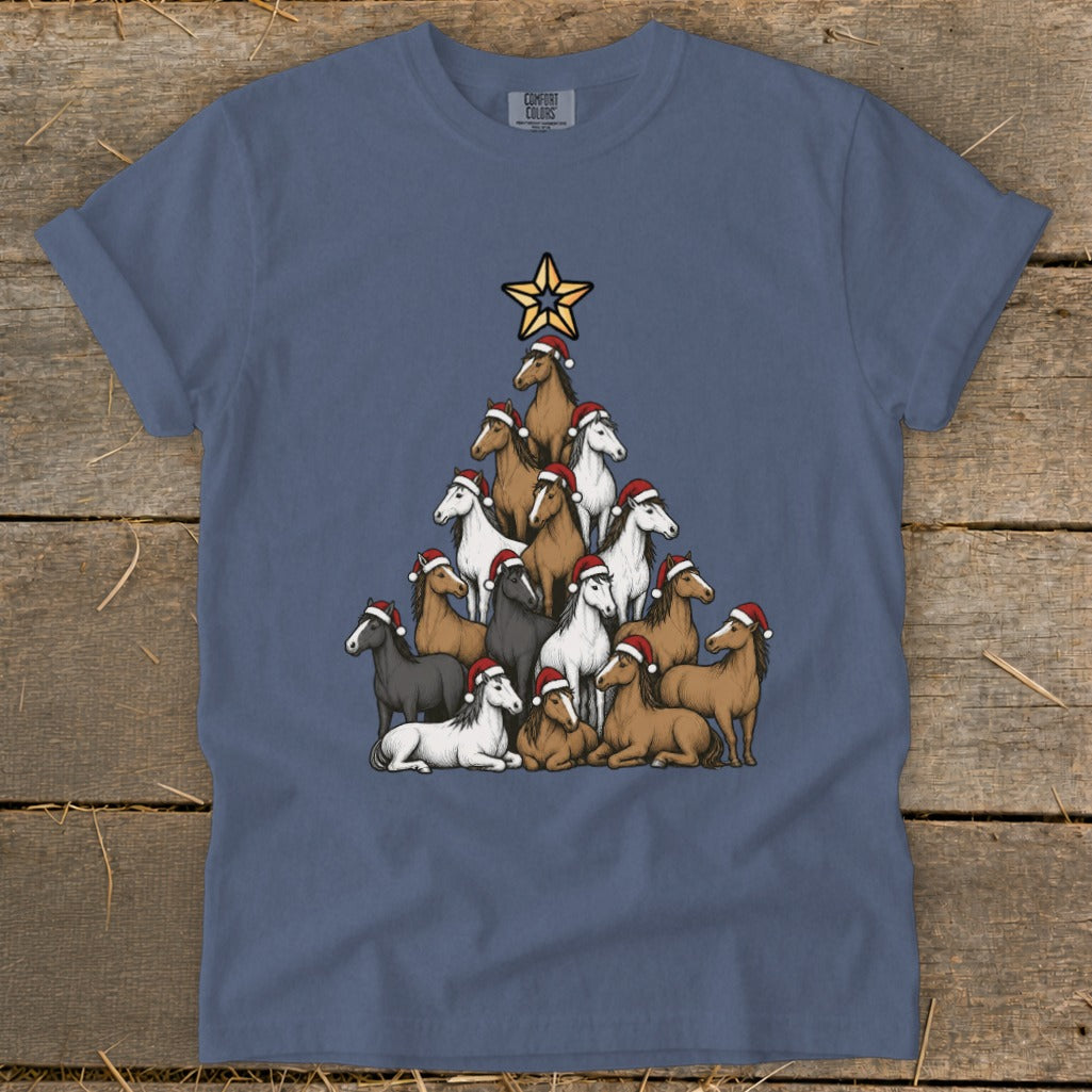 Christmas tree made of horses wearing Santa hats, topped with a star.