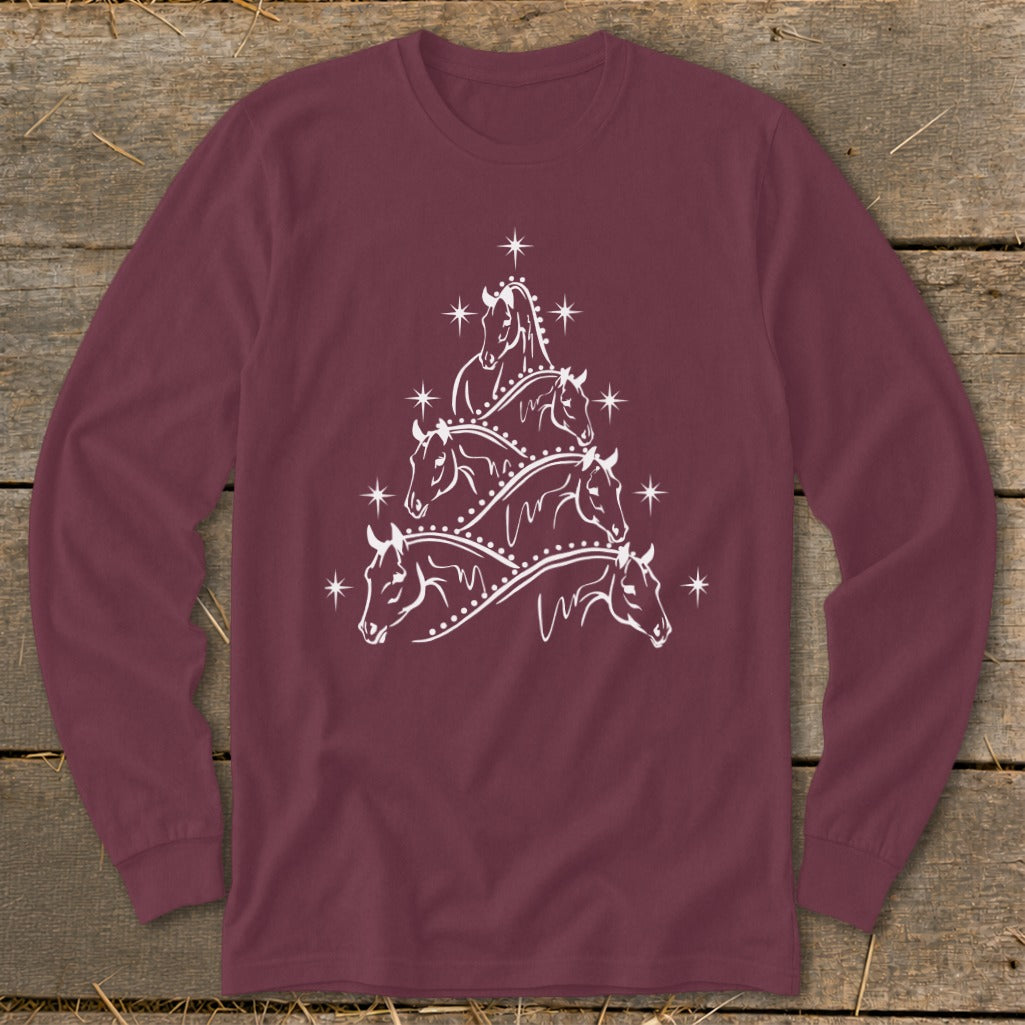 Maroon long-sleeve shirt with white horse Christmas tree design.