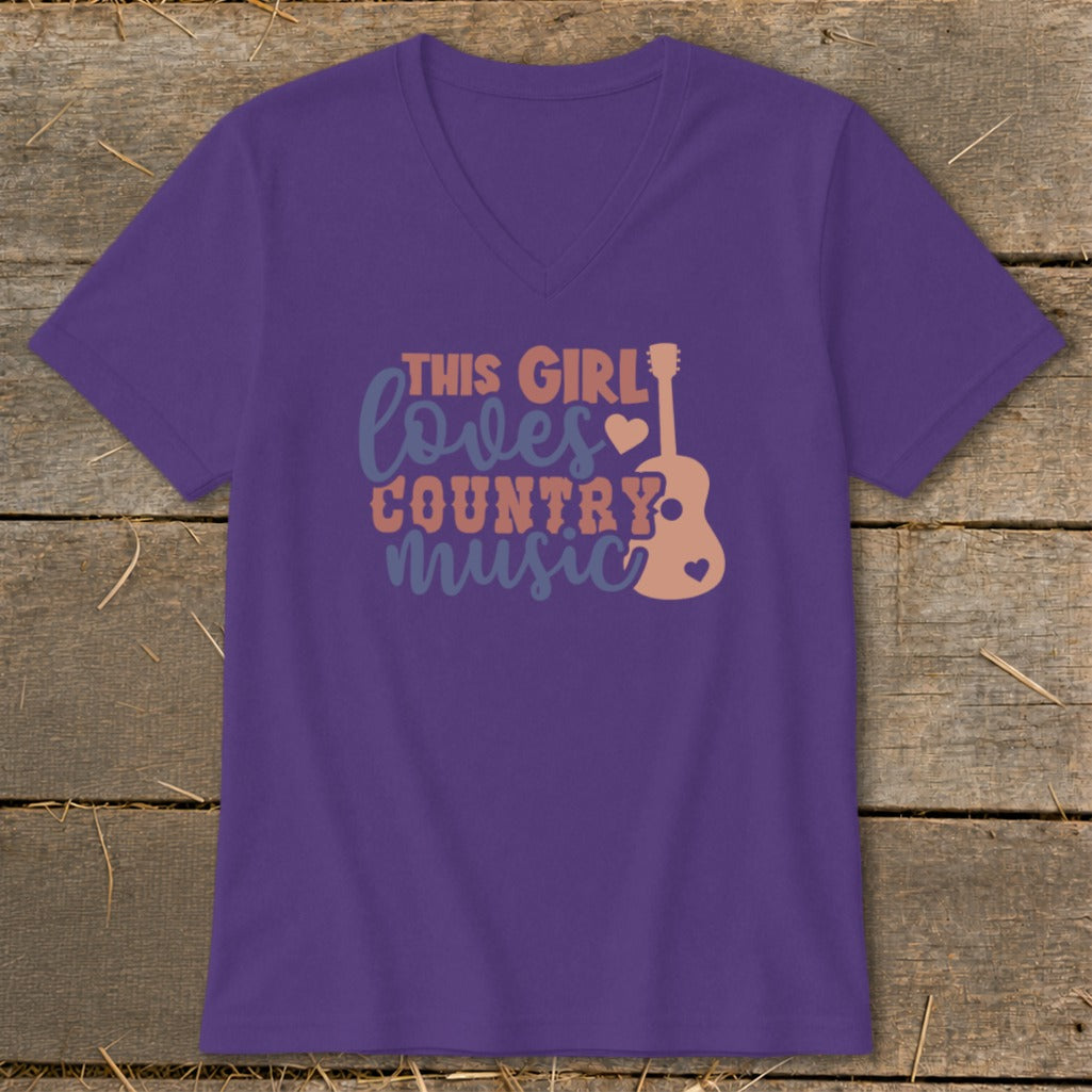 Purple v-neck t-shirt with "This Girl Loves Country Music" text and guitar graphic.