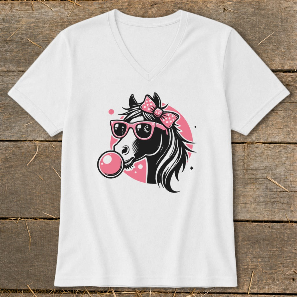 Illustration of a horse wearing sunglasses and a pink bow, blowing a bubblegum bubble.
