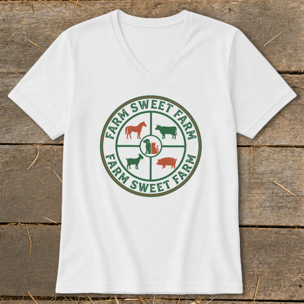 White t-shirt with circular farm animals logo and text "Farm Sweet Farm".