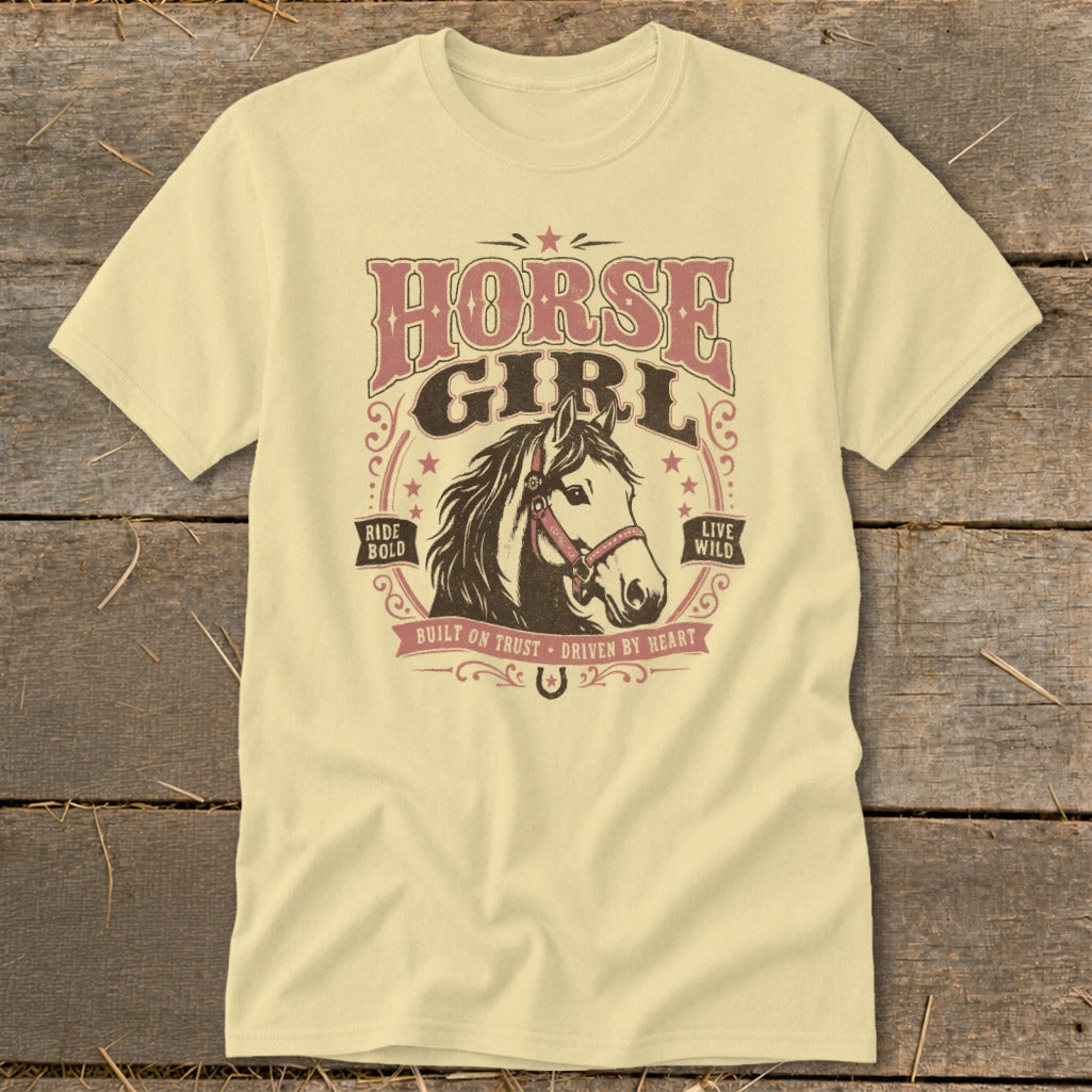Pale yellow t-shirt with a vintage "Horse Girl" graphic featuring a horse head and text.
