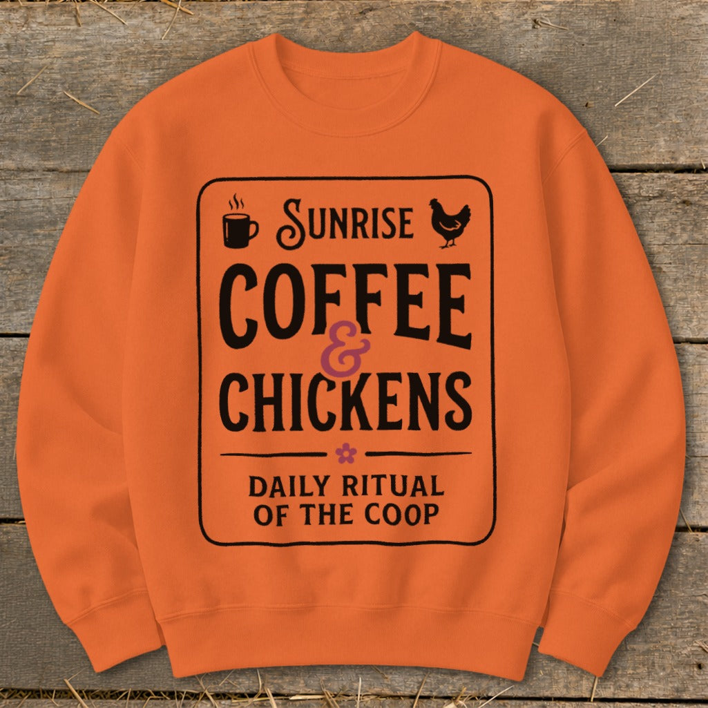 Orange sweatshirt with "Sunrise Coffee & Chickens Daily Ritual of the Coop" graphic.