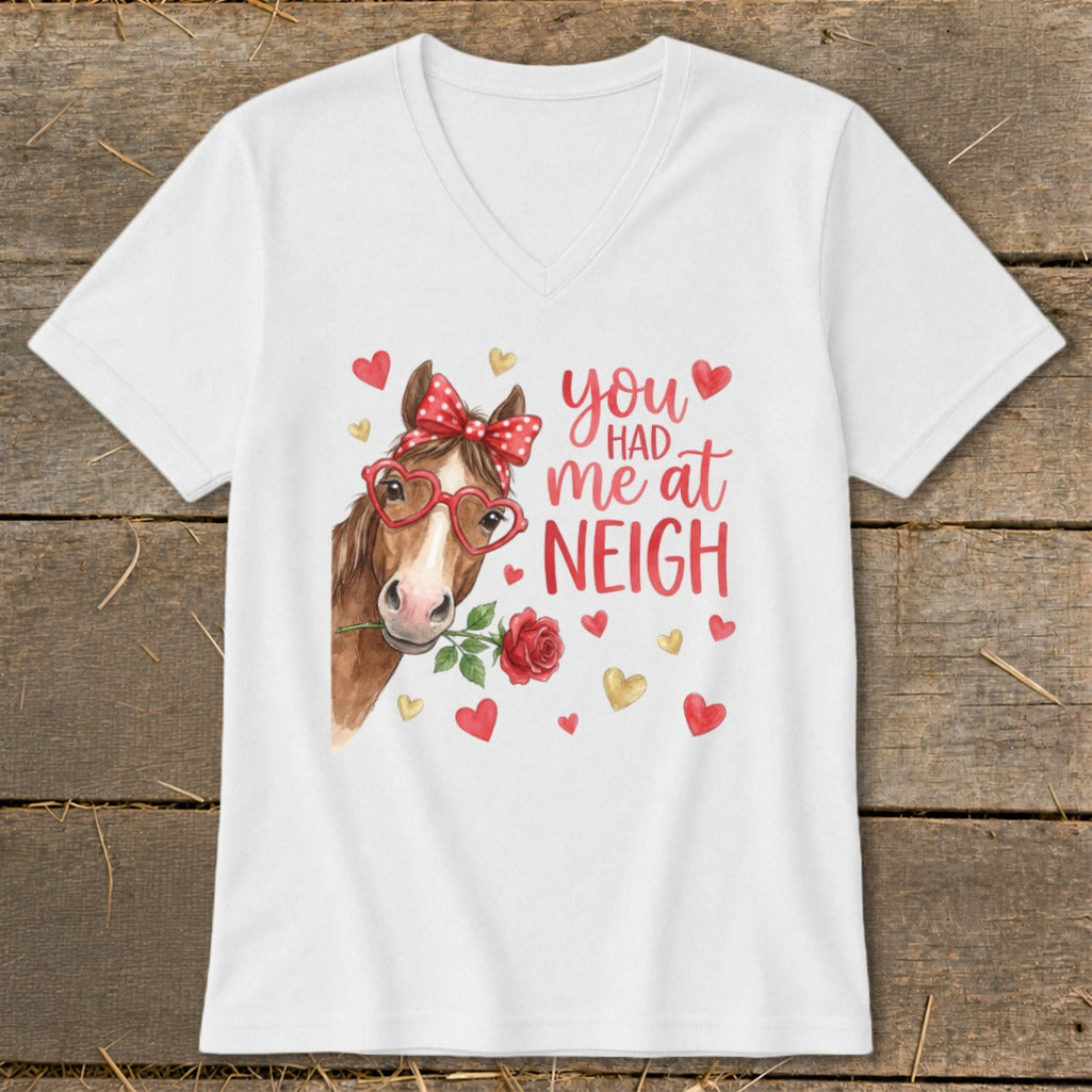 White t-shirt with horse graphic and text "you had me at NEIGH".