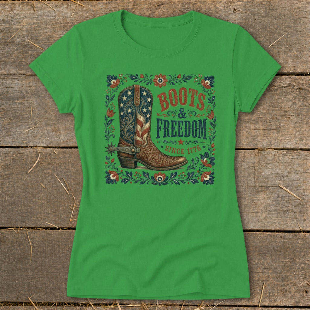 Green t-shirt with cowboy boot graphic and text: "Boots & Freedom Since 1776".