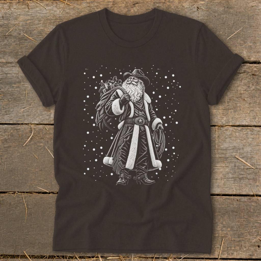 Dark t-shirt with a cowboy Santa Claus illustration, carrying a sack and holding a lasso.