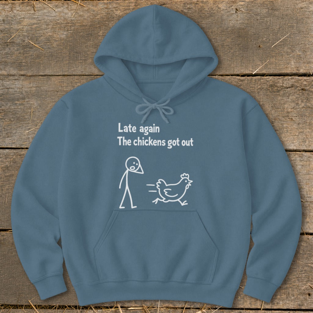 Blue hoodie with white text and drawing of a stick figure and a running chicken.