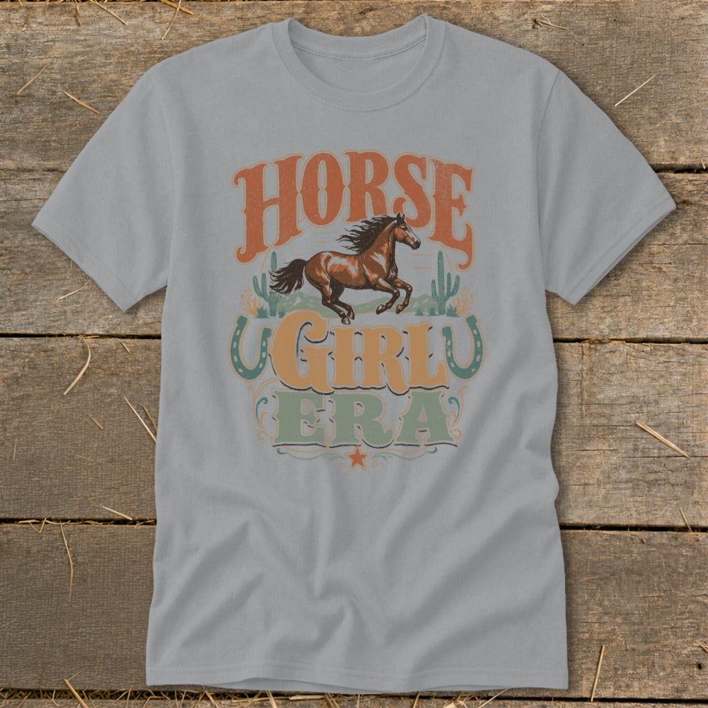 Grey t-shirt with a running horse and text "HORSE GIRL ERA".