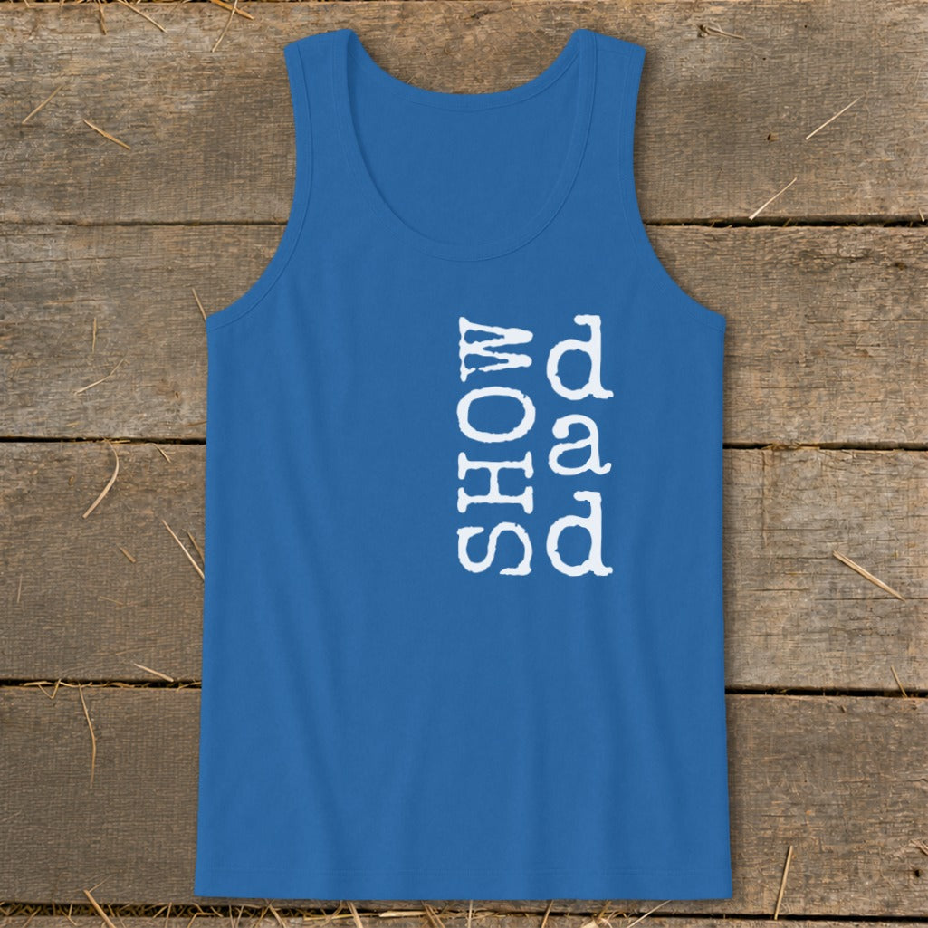 Blue tank top with white text reading "SHOW dad" vertically.