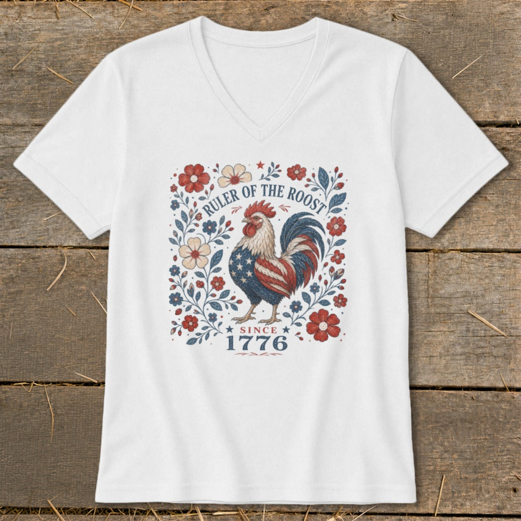 White t-shirt with a patriotic rooster graphic and "Ruler of the Roost Since 1776".