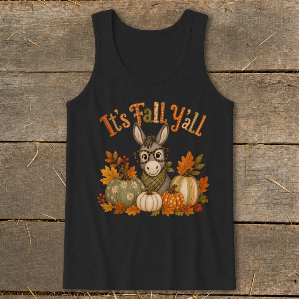 Black tank top with "It's Fall Y'all" text and a donkey among pumpkins and leaves.