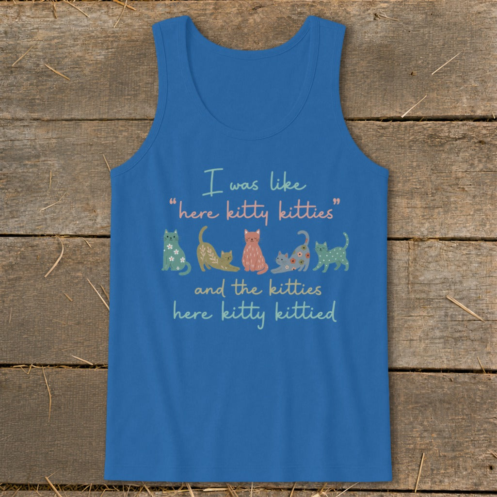 Blue tank top with cartoon cats and text "I was like 'here kitty kitties' and the kitties here kitty kittied".