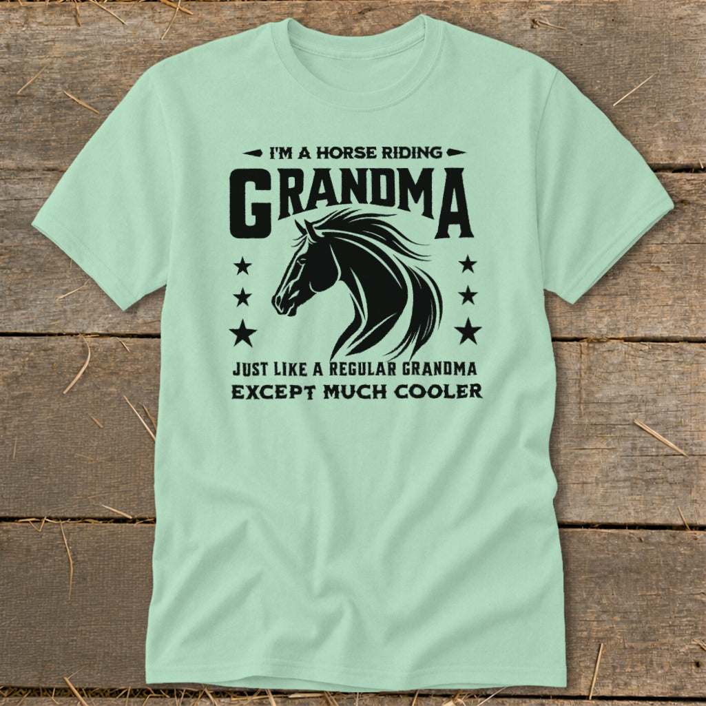 Horse riding Grandma t-shirt with text "I'm a Horse Riding Grandma" and "Except Much Cooler".