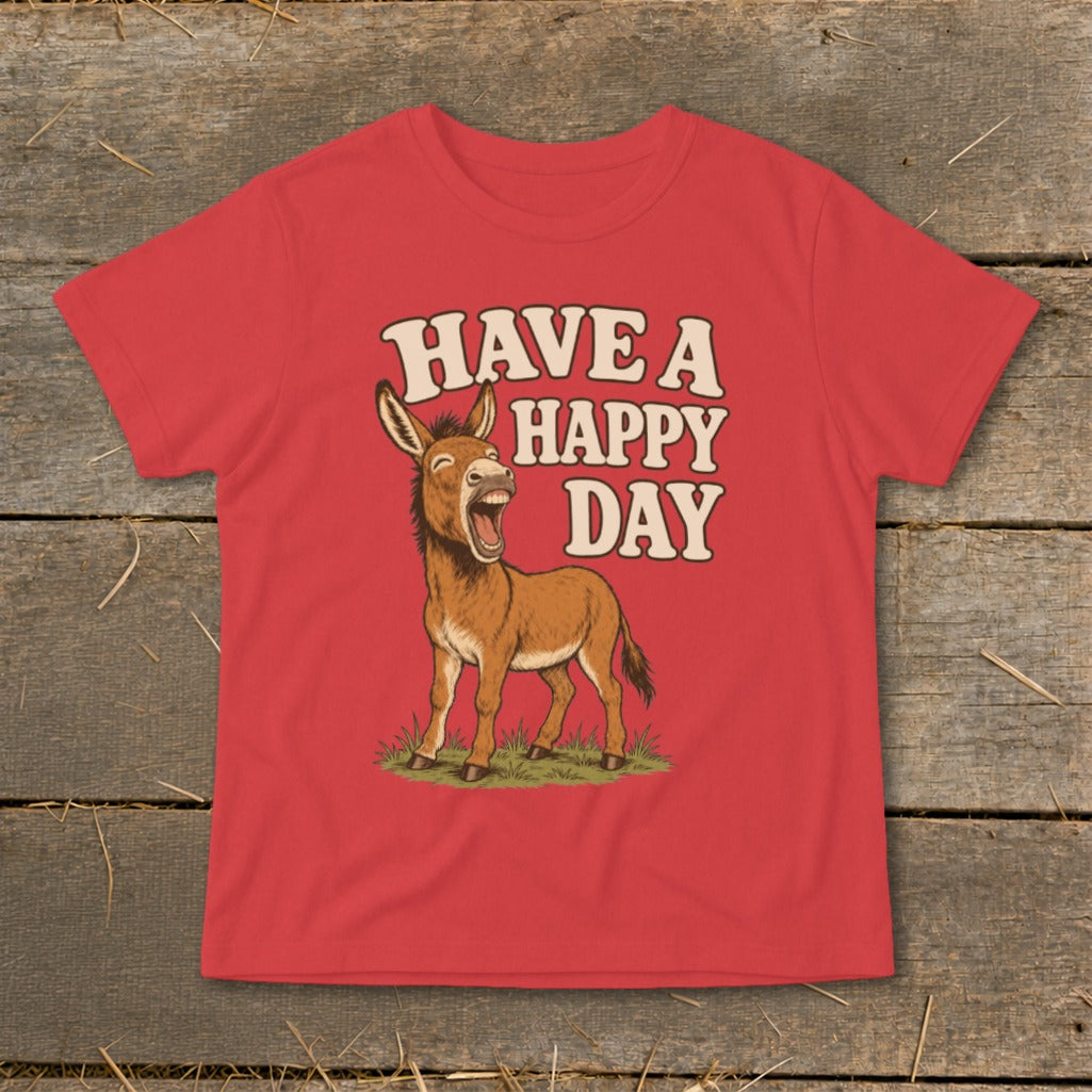Red t-shirt with laughing donkey and text "HAVE A HAPPY DAY".