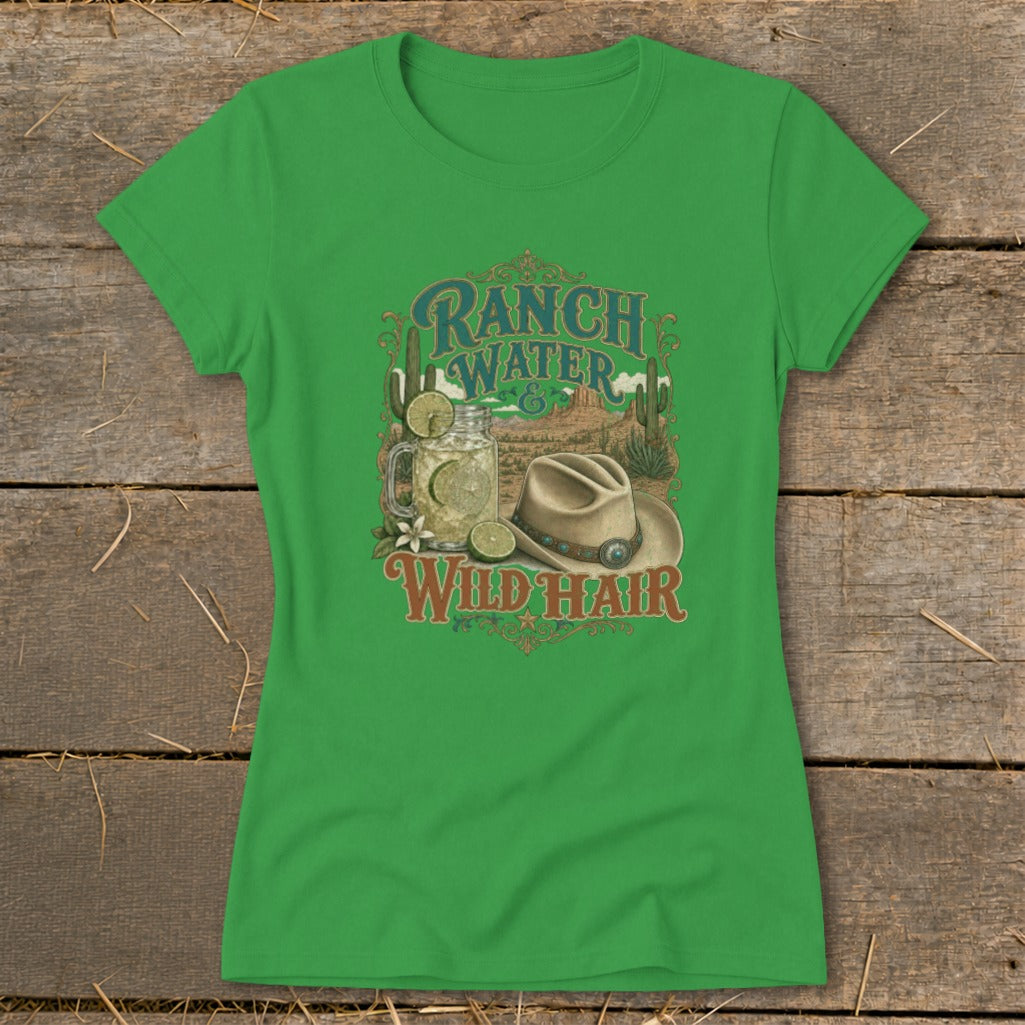 Green t-shirt with "RANCH WATER Wild Hair" text, drink, and cowboy hat graphic.