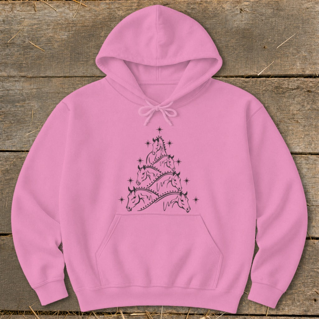 Pink hoodie with a black horse tree graphic and stars.