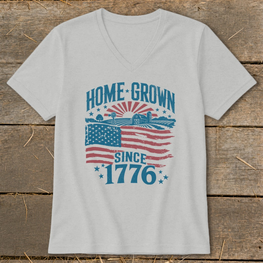 Gray v-neck t-shirt with "HOME GROWN SINCE 1776" and American flag farm scene.