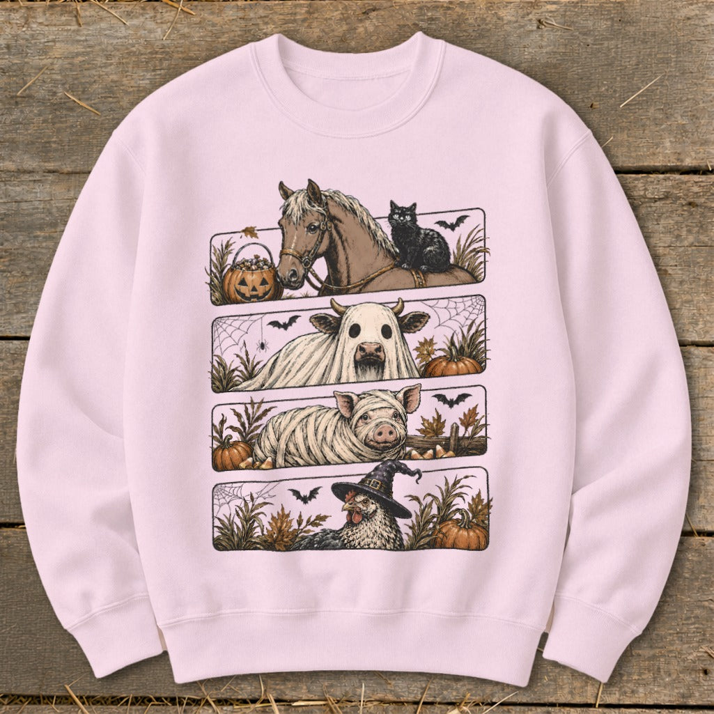 Farm animals dressed in Halloween costumes: horse with cat, cow ghost, mummy pig, chicken witch.