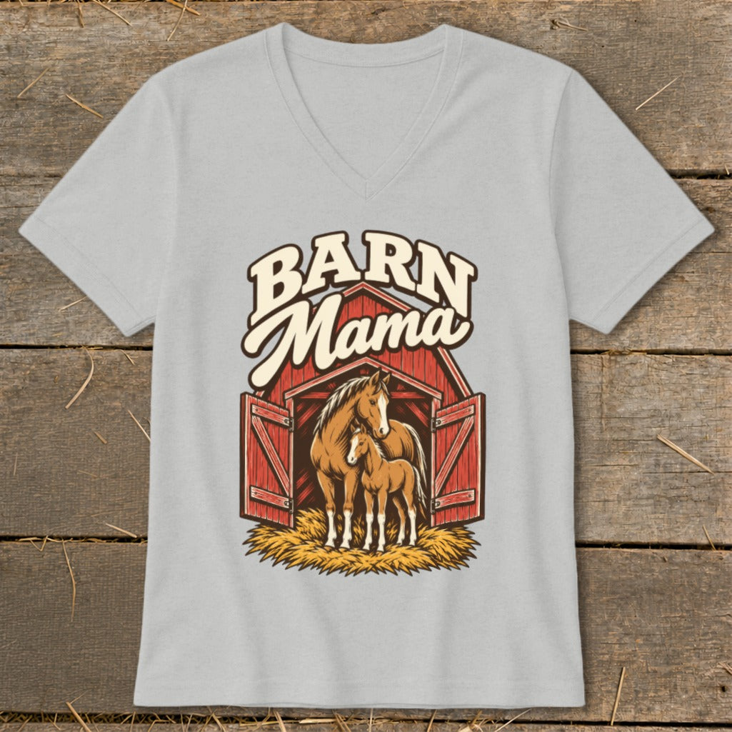Barn Mama text over mother and foal horses in an open barn.