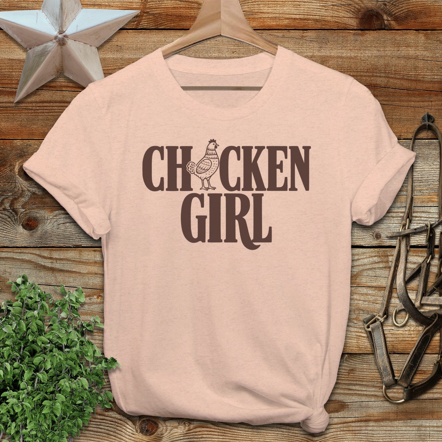 Pale pink t-shirt with "Chicken Girl" text and a chicken graphic.