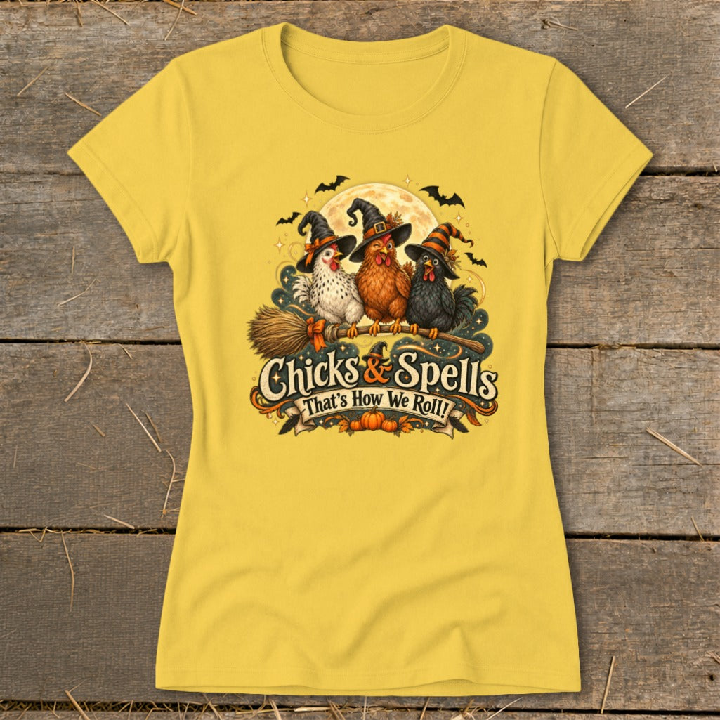 Three witch chickens sit on a broomstick with "Chicks & Spells That's How We Roll!" text.