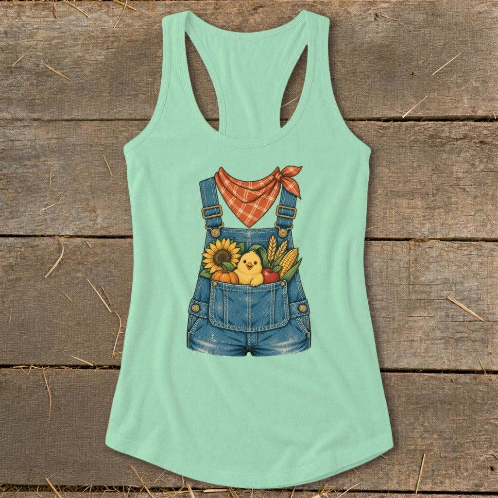 Light teal tank top with a cartoon denim overalls graphic featuring a chick and fall harvest items.