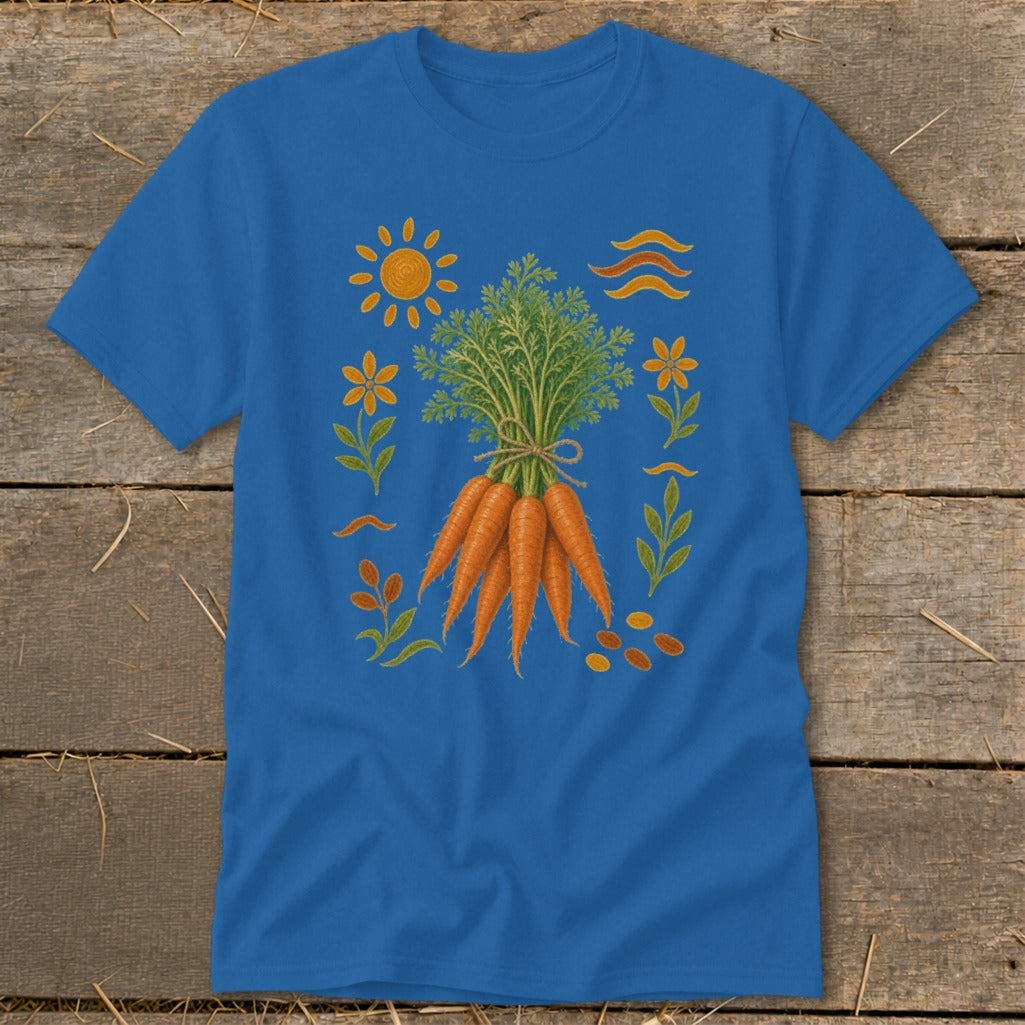 Blue t-shirt with a bunch of carrots and surrounding garden motifs.