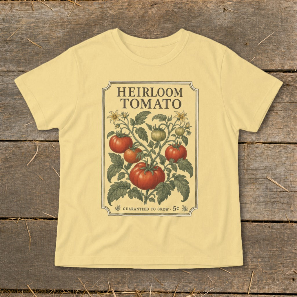 Yellow t-shirt with vintage heirloom tomato plant graphic and text.