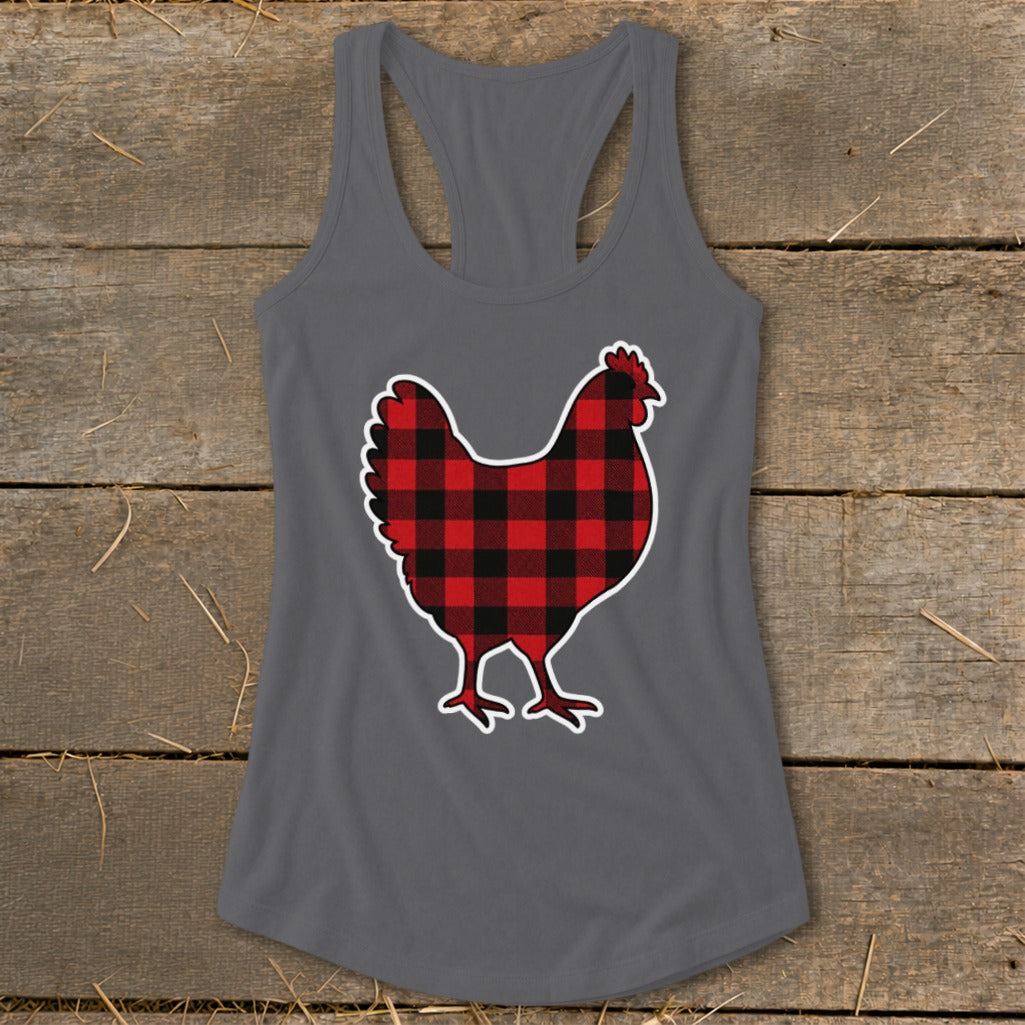 Gray racerback tank top with a red and black buffalo plaid chicken design.