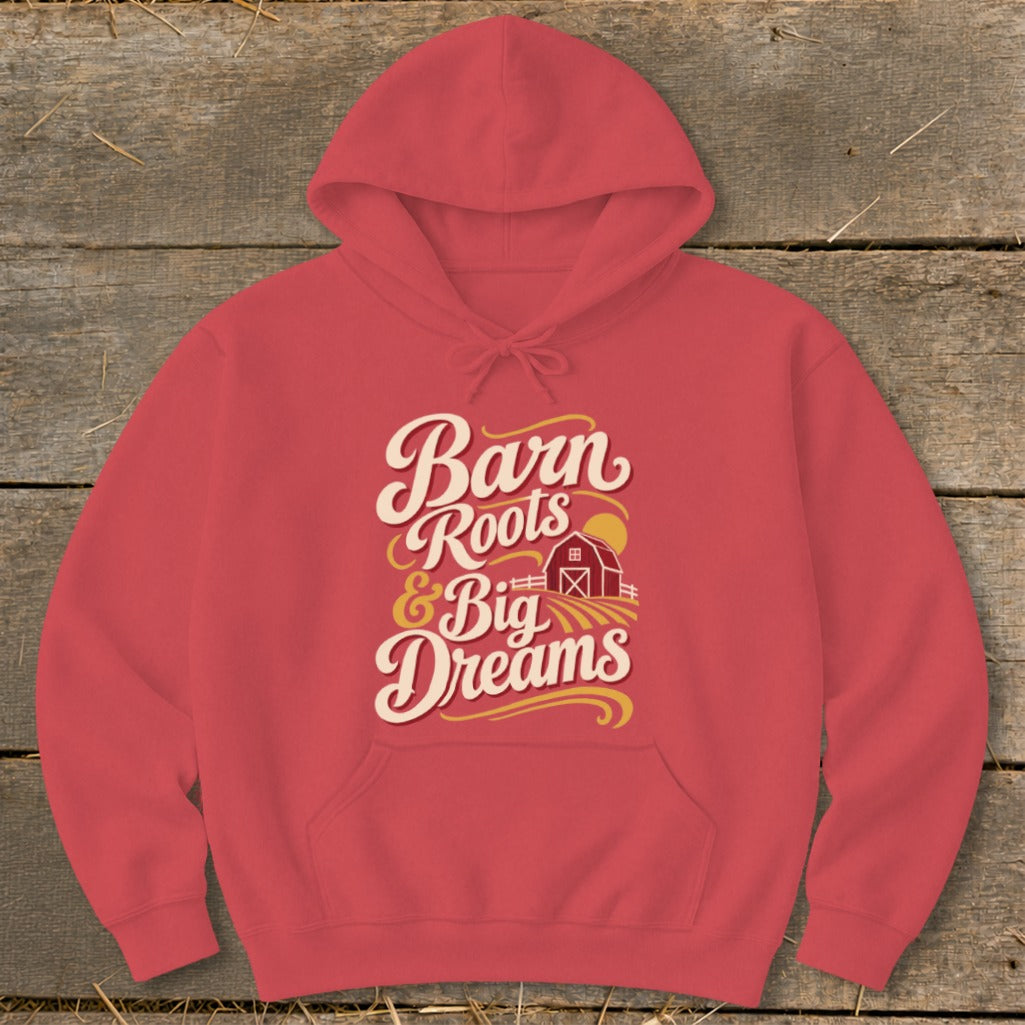 Red hoodie with "Barn Roots & Big Dreams" text and barn graphic.