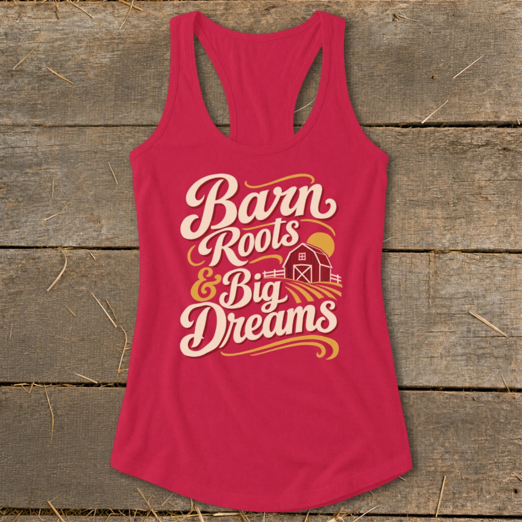 Pink tank top with "Barn Roots & Big Dreams" text and a barn graphic.