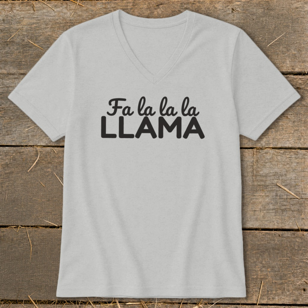 Light grey v-neck t-shirt with "Fa la la la LLAMA" text.