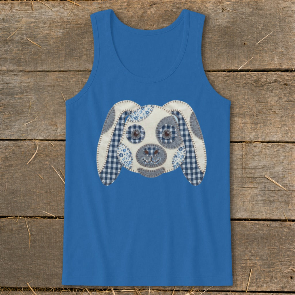 Blue tank top with a stitched patchwork dog face applique.
