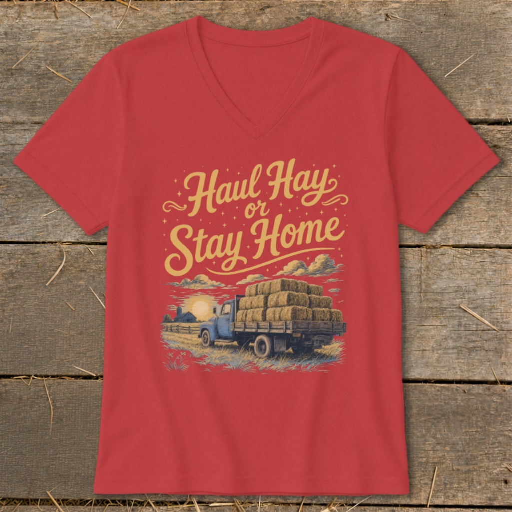 Red t-shirt with "Haul Hay or Stay Home" text and a truck loaded with hay bales.