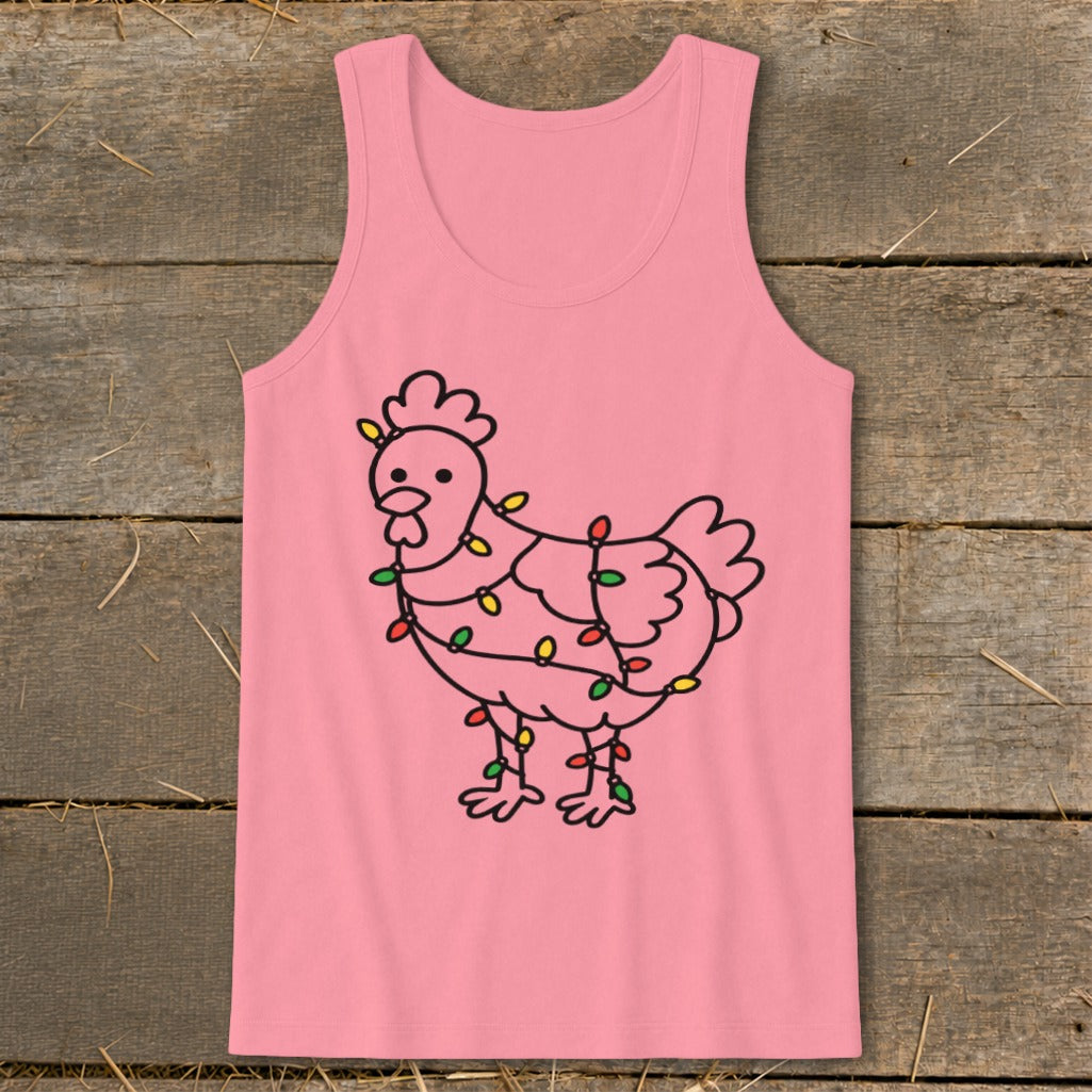 Pink tank top with a line drawing of a chicken wrapped in colorful Christmas lights.