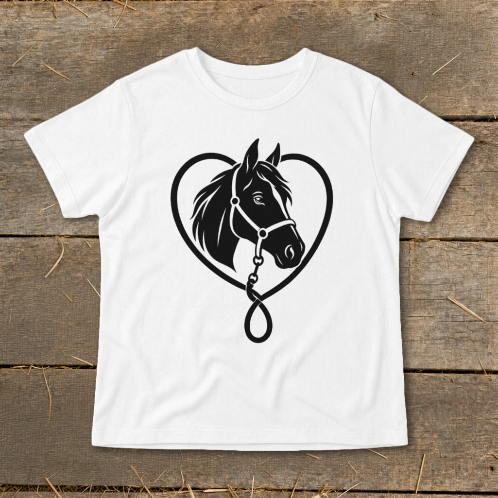 A short-sleeved white t-shirt featuring a black graphic of a horse's head inside a heart.