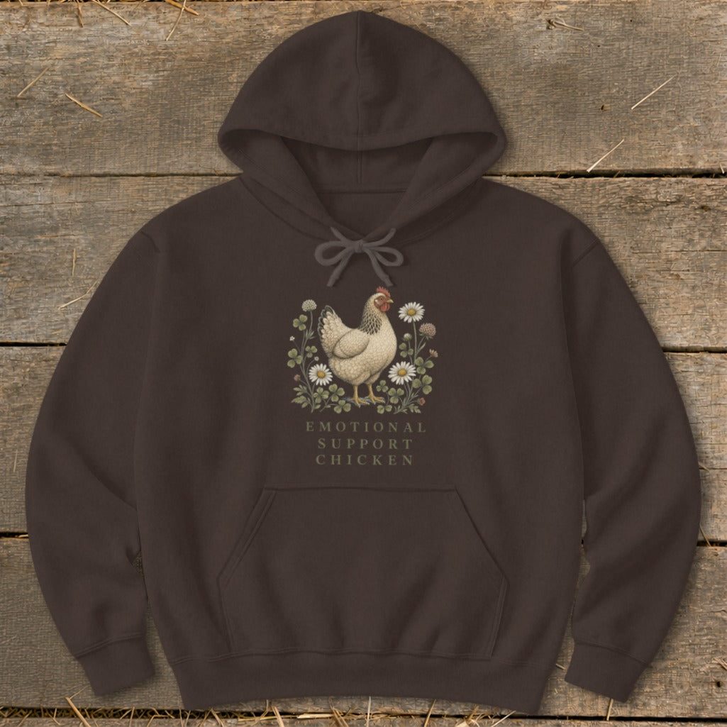 Brown hoodie with "Emotional Support Chicken" text and a chicken illustration.