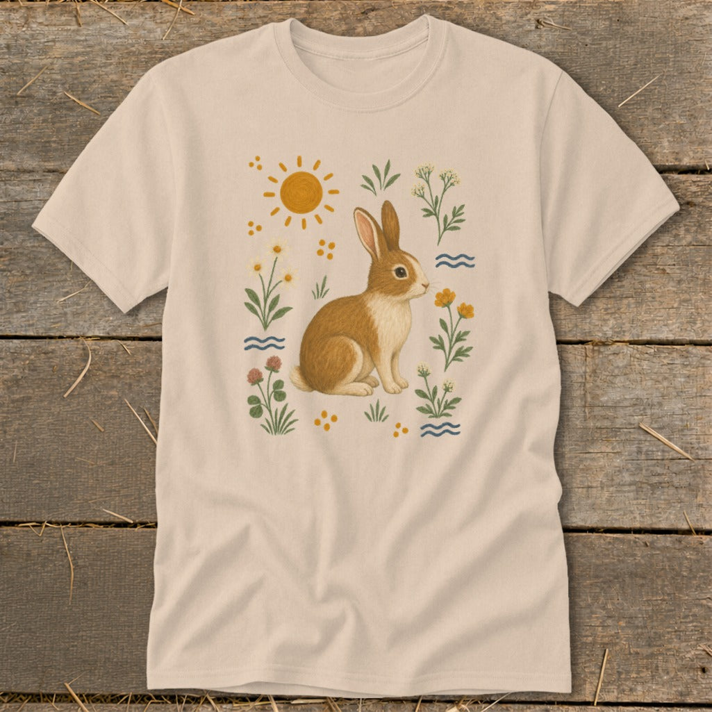 Light tan t-shirt with a brown and white bunny among wildflowers and a sun.