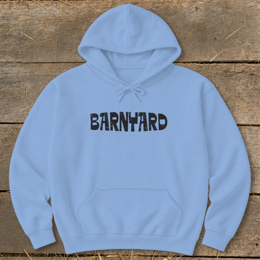 A light blue hooded sweatshirt featuring the word BARNYARD in distressed black text across the chest.