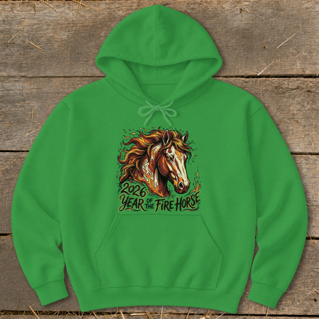 Green hoodie with a graphic of a fire horse and "2026 Year of the Fire Horse" text.
