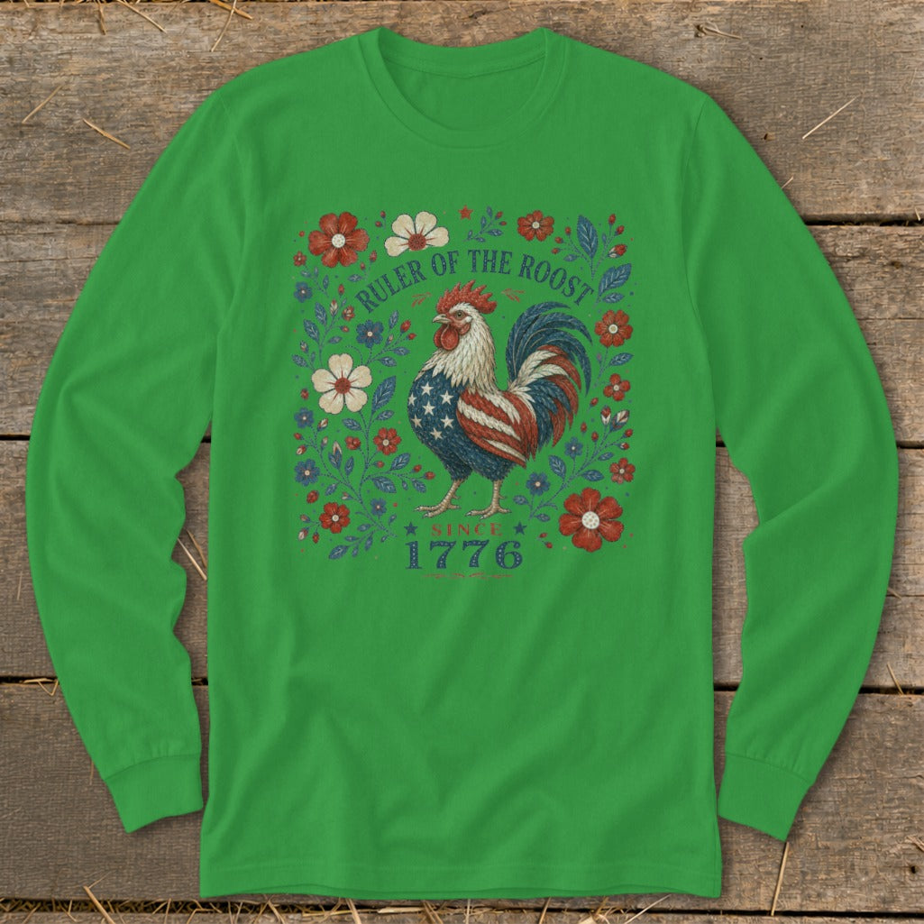 Rooster with American flag pattern and "Ruler of the Roost Since 1776" text.