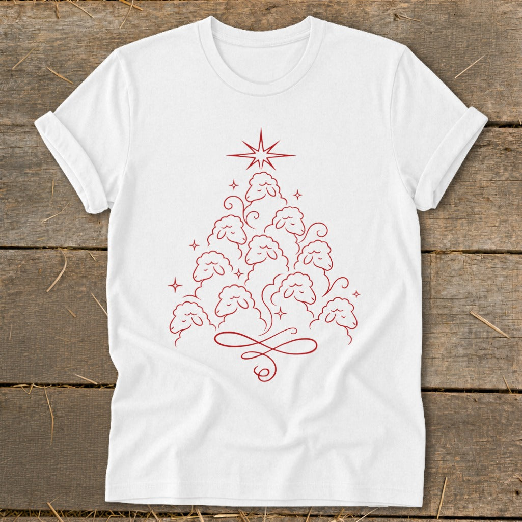 White t-shirt with a red line art Christmas tree made of sheep.