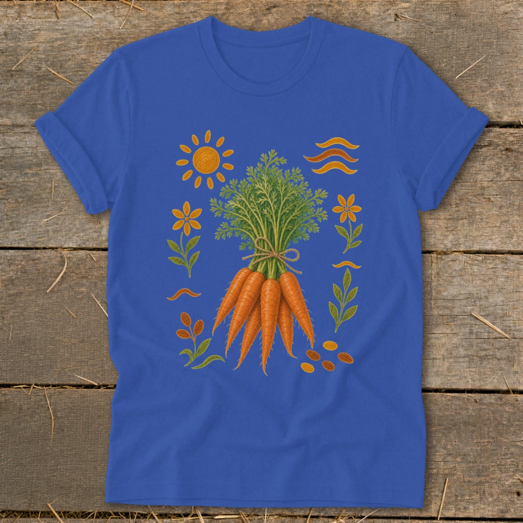 Royal blue t-shirt featuring a graphic of carrots with a sun, flowers, and leaves.