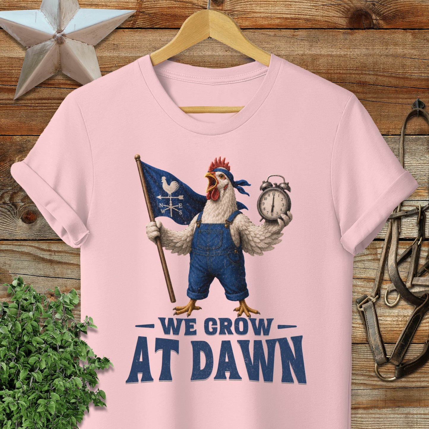 Chicken in overalls holding flag and alarm clock, "We Grow at Dawn" text.