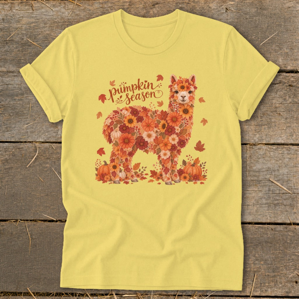 Yellow t-shirt with an alpaca made of autumn flowers and leaves, with pumpkins.