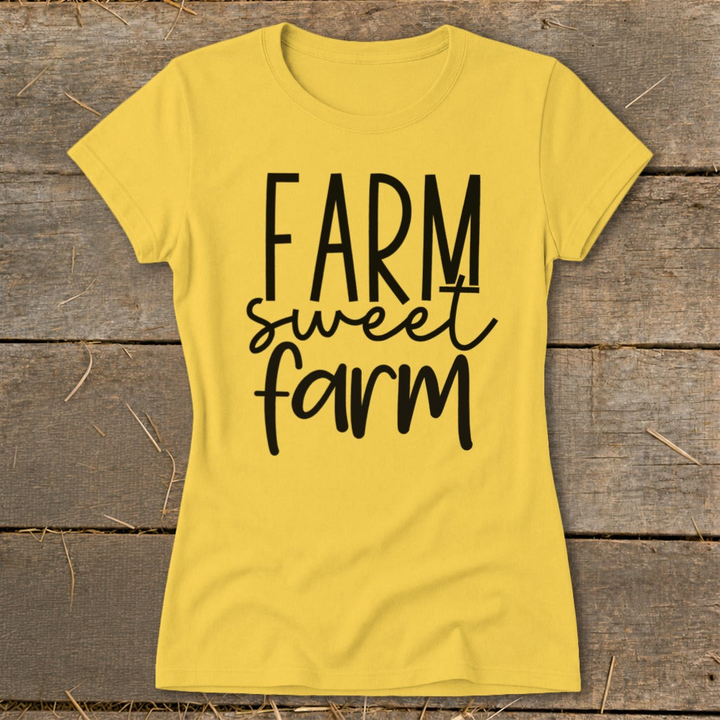 Yellow t-shirt with black text reading "FARM sweet farm".