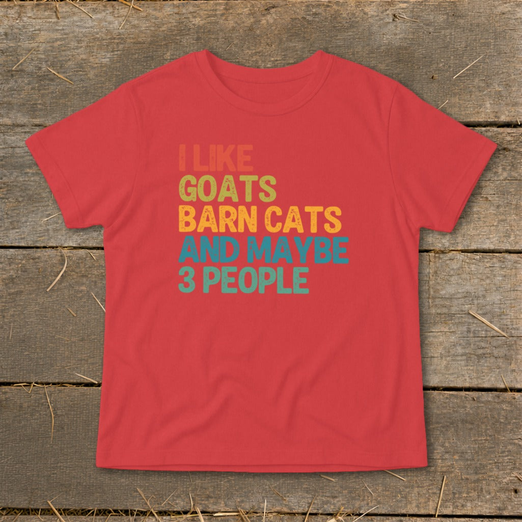 Red t-shirt with "I Like Goats Barn Cats And Maybe 3 People" text.