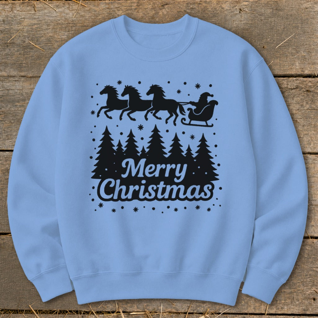 Light blue crewneck sweatshirt with black Christmas graphic: Santa in sleigh pulled by horses over trees.