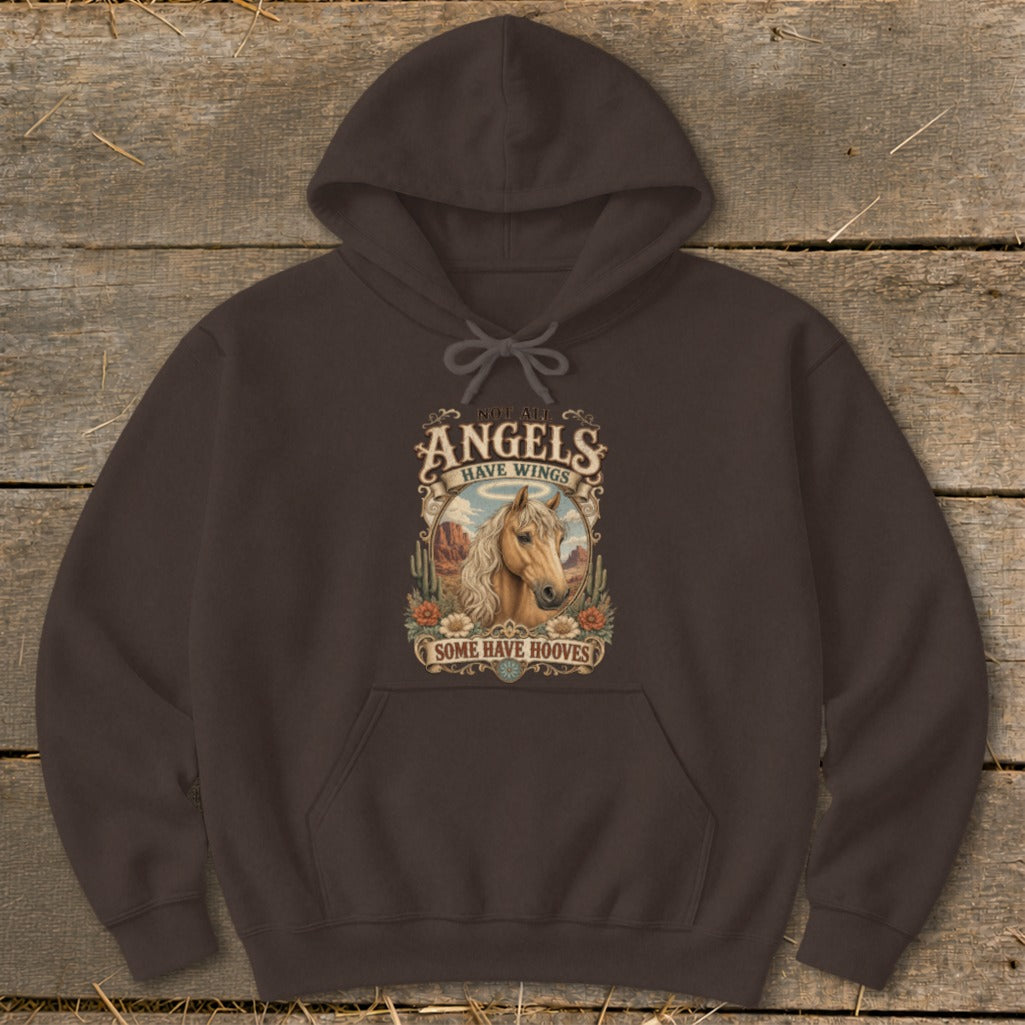 Brown hoodie with a distressed graphic of a horse and text.